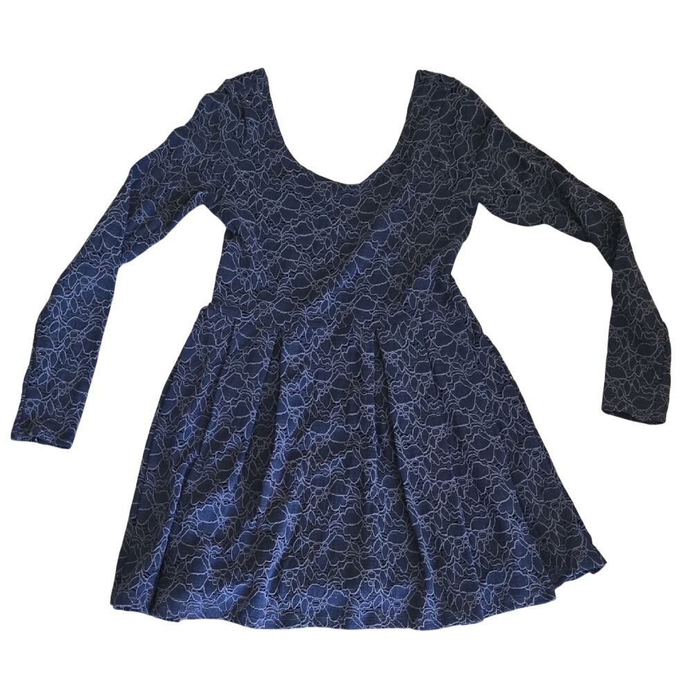 Free People Navy Blue Floral Lace Long Sleeve Mini Dress‎ Small Fit & Flare